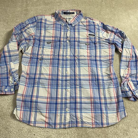 Columbia PFG Super Bahama Shirt Mens XL Blue Pink Plaid Fishing Vented Button Up - Picture 1 of 9
